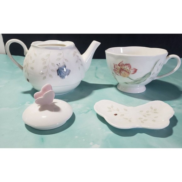 Lenox Butterfly Meadow Individual Teapot Lid Cup Tea Bag Holder EUC Garden Lady - Picture 1 of 4